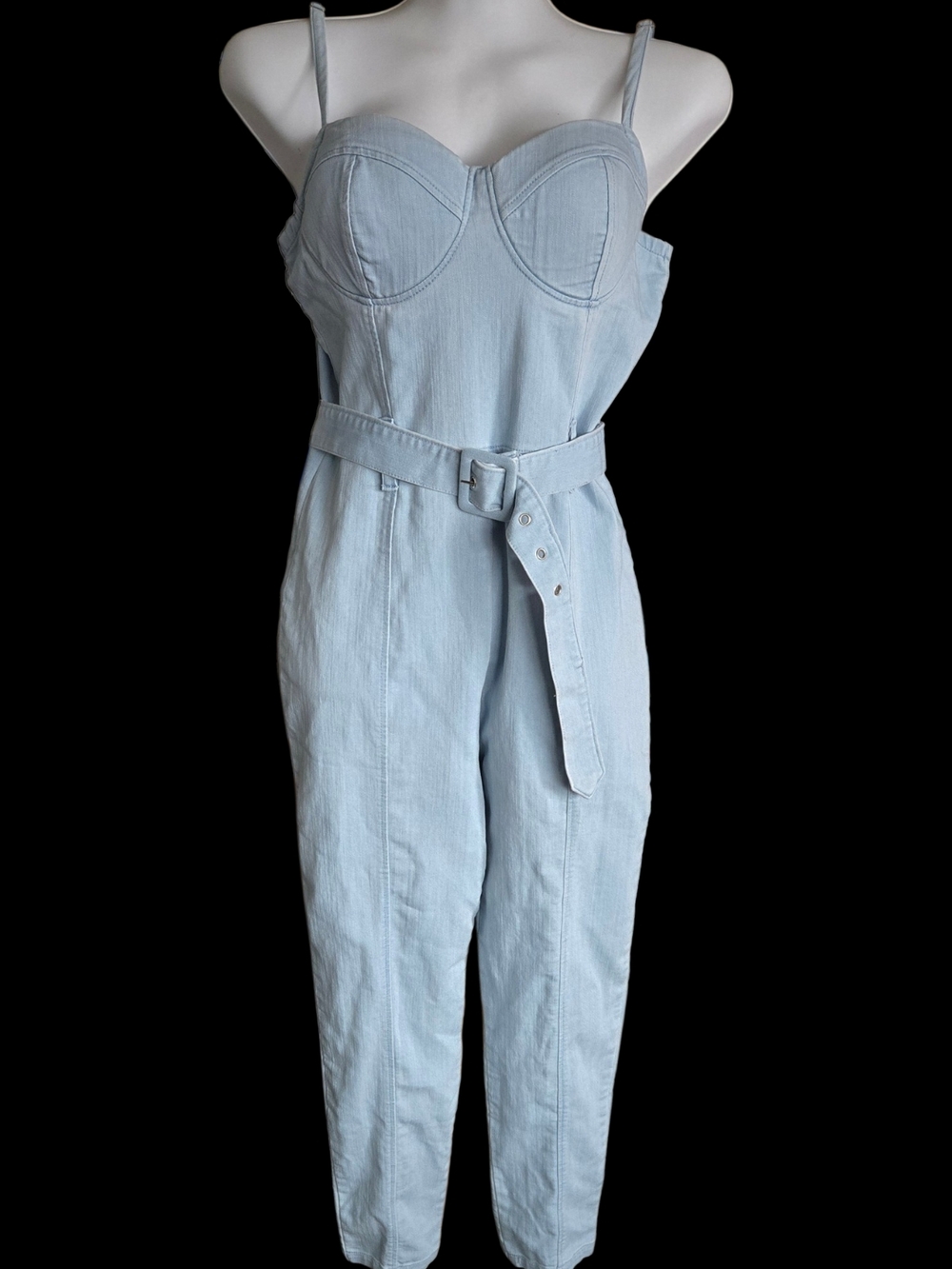 Haute Monde Light Blue Denim Belted Jumpsuit